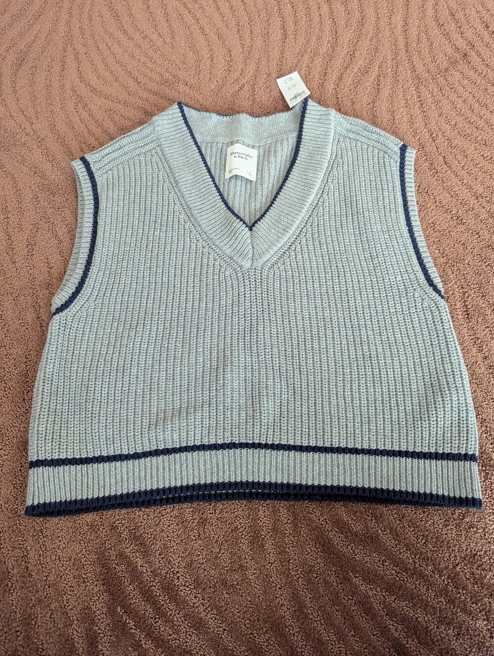 Abercrombie Light Gray Knit V-Neck Sweater Vest with Navy Trim